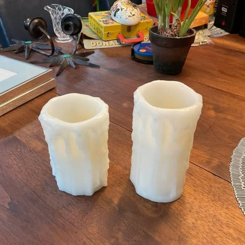 Set of 2 Flameless LED Pillar Candles with Melted Wax Design